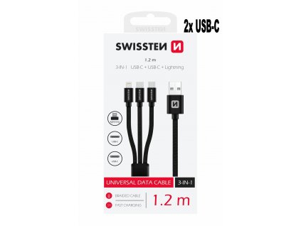 SWISSTEN kabel USB 3v1 USB-C + USB-C + Lightning 1,2m černá