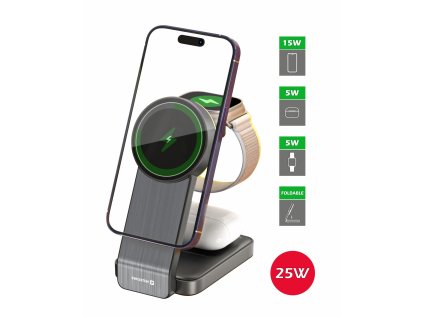 SWISSTEN 3v1 25W skládací bezdrátová nabíječka MagSafe pro Apple iPhone, sluchátka, hodinky