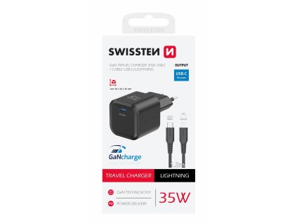 SWISSTEN mini adaptér GaN 230V 35W POWER DELIVERY 1xUSB-C + Lightning kabel 1,2m ČERNÁ