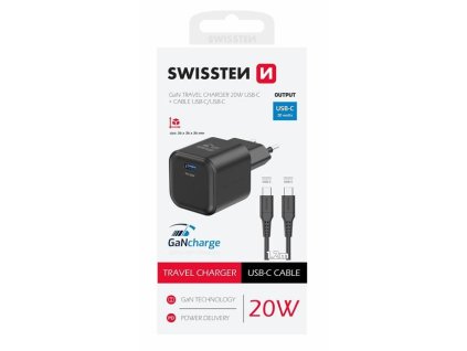 SWISSTEN mini adaptér GaN 230V 20W POWER DELIVERY 1xUSB-C + USB-C kabel 1,2m ČERNÁ
