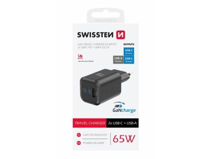 SWISSTEN mini adaptér GaN 230V 65W POWER DELIVERY 2xUSB-C + 1xUSB QC 18W ČERNÁ