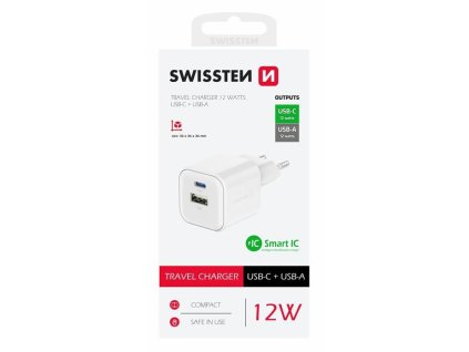 SWISSTEN adaptér 230V/2,4A 12W 1xUSB-C 1xUSB BÍLÁ