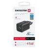 SWISSTEN mini adaptér GaN 230V 45W POWER DELIVERY 1xUSB-C + 1xUSB QC 18W ČERNÁ