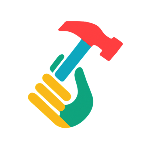 Moderní minimalistické logo znázorňující ruční výrobu pomocí kombinace ruky a nástroje ve firemních barvách výrobce obojků a vodítek pro psy.