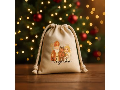 Mikulášský pytlík s potiskem Mikuláše, čerta a anděla s vlastním jménem