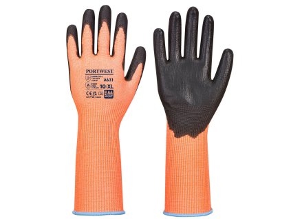 Polomáčené protiřezné rukavice Portwest Vis-Tex Cut s dlouhou manžetou - ORANŽOVÁ/ČERNÁ 1/2
