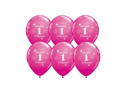 11" Latexový balón Sparkle Wild Berry s nápisom "Boldog 1. szülinapot" 6ks
