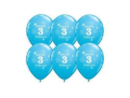 11" Latexový balón Sparkle Blue s nápisom "Boldog 3. szülinapot" 6ks