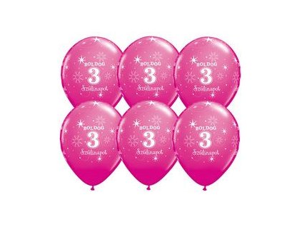 11" Latexový balón Sparkle Wild Berry s nápisom "Boldog 3. szülinapot" 6ks