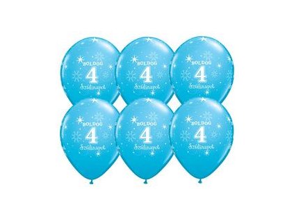 11" Latexový balón Sparkle Blue s nápisom "Boldog 4. szülinapot" 6ks