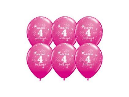 11" Latexový balón Sparkle Wild Berry s nápisom "Boldog 4. szülinapot" 6ks