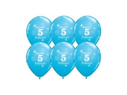 11" Latexový balón Sparkle Blue s nápisom "Boldog 5. szülinapot" 6ks