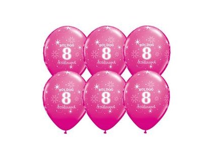 11" Latexový balón Sparkle Wild Berry s nápisom "Boldog 8. szülinapot" 6ks