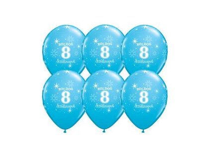 11" Latexový balón Sparkle Blue s nápisom "Boldog 8. szülinapot" 6ks