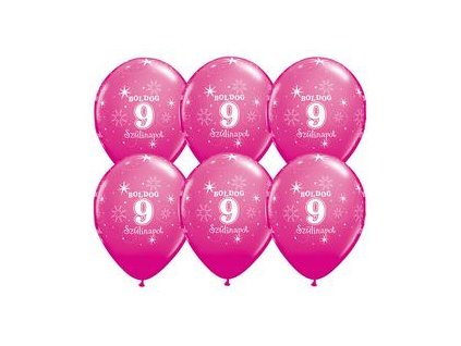 11" Latexový balón Sparkle Wild Berry s nápisom "Boldog 9. szülinapot" 6ks