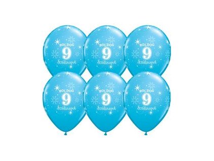 11" Latexový balón Sparkle Blue s nápisom "Boldog 9. szülinapot" 6ks