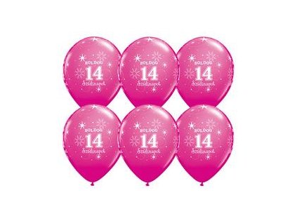 11" Latexový balón Sparkle Wild Berry s nápisom "Boldog 14. szülinapot" 6ks