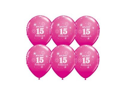 11" Latexový balón Sparkle Wild Berry s nápisom "Boldog 15. szülinapot" 6ks