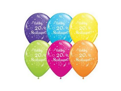 11" Latexový balón Shi. St. Ast. s nápisom "Boldog 20. szülinapot" 6ks