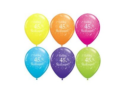 11" Latexový balón Shi. St. Ast. s nápisom "Boldog 45. szülinapot" 6ks