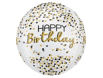15" Fóliový balón Orbz "Happy Birthday" black,silver,gold