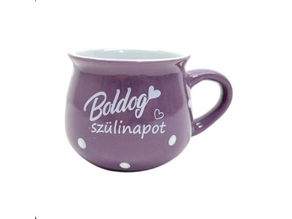 Hrnček „Boldog szülinapot“ – fialový s bodkami