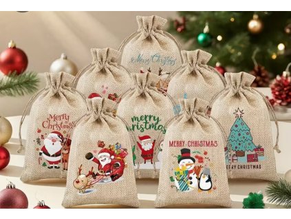 Vianočné jutové darčekové vrecúška – rôzne motívy 15 cm