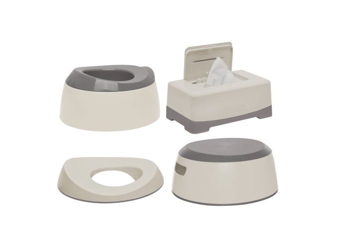 Set de antrenament pentru utilizarea la toaletă LUMA Almond, include o oliță, un capac de toaletă pentru copii, un suport antiderapant pentru picioare și o cutie pentru șervețele umede. Preț redus.