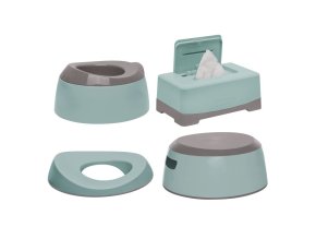 Set de antrenament pentru utilizarea la toaletă LUMA, Ice Blue, include o oliță, un capac de toaletă pentru copii, un suport antiderapant pentru picioare și o cutie pentru șervețele umede. Preț redus.