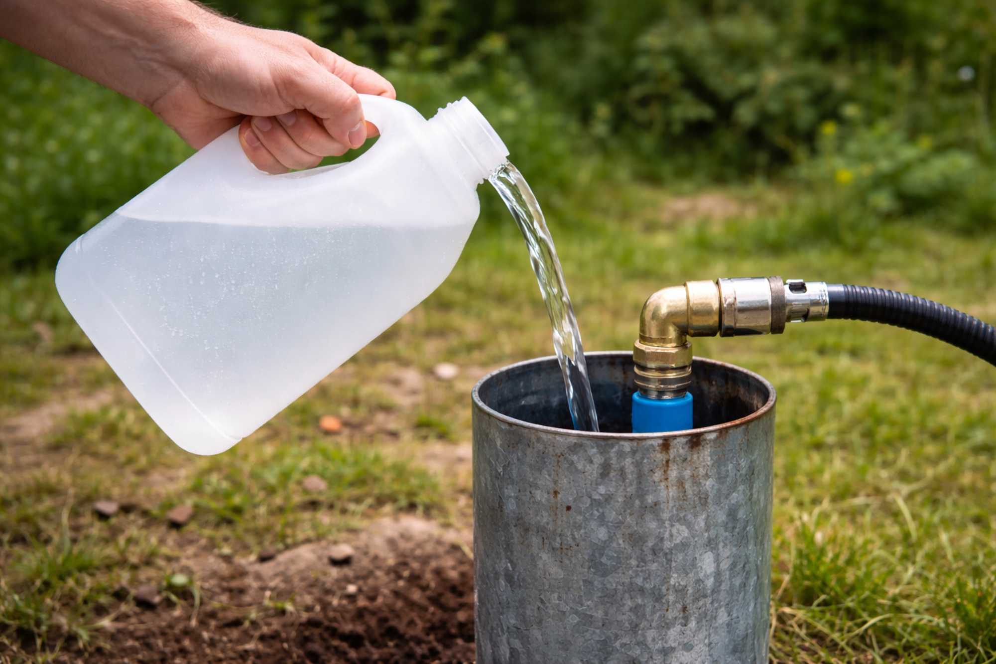 Nalievanie dezinfekcie do studne