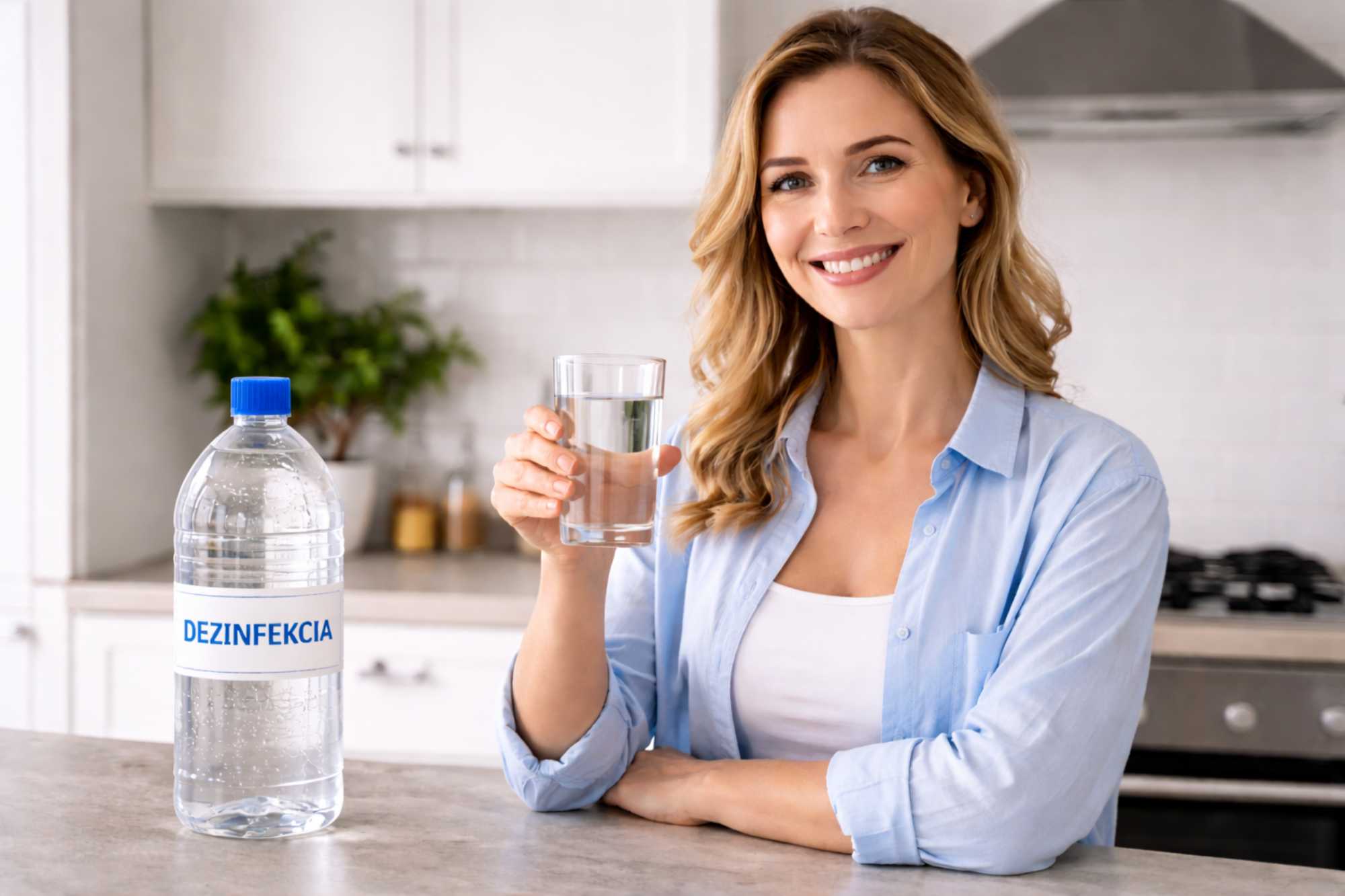 Žena v kuchyni s pohárom čistej vody