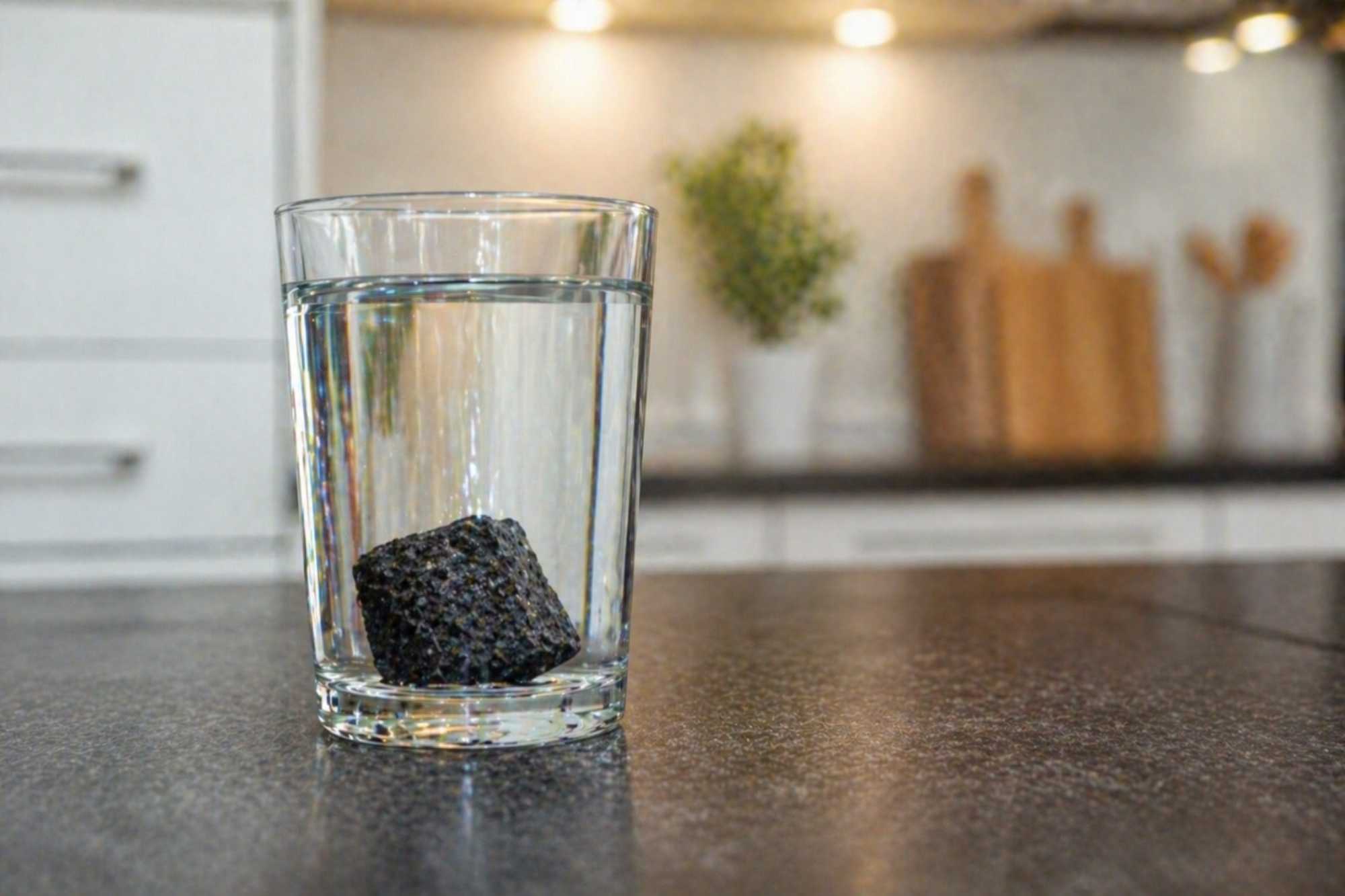 Pohár čistej vody s kusom uhlia vo vnútri