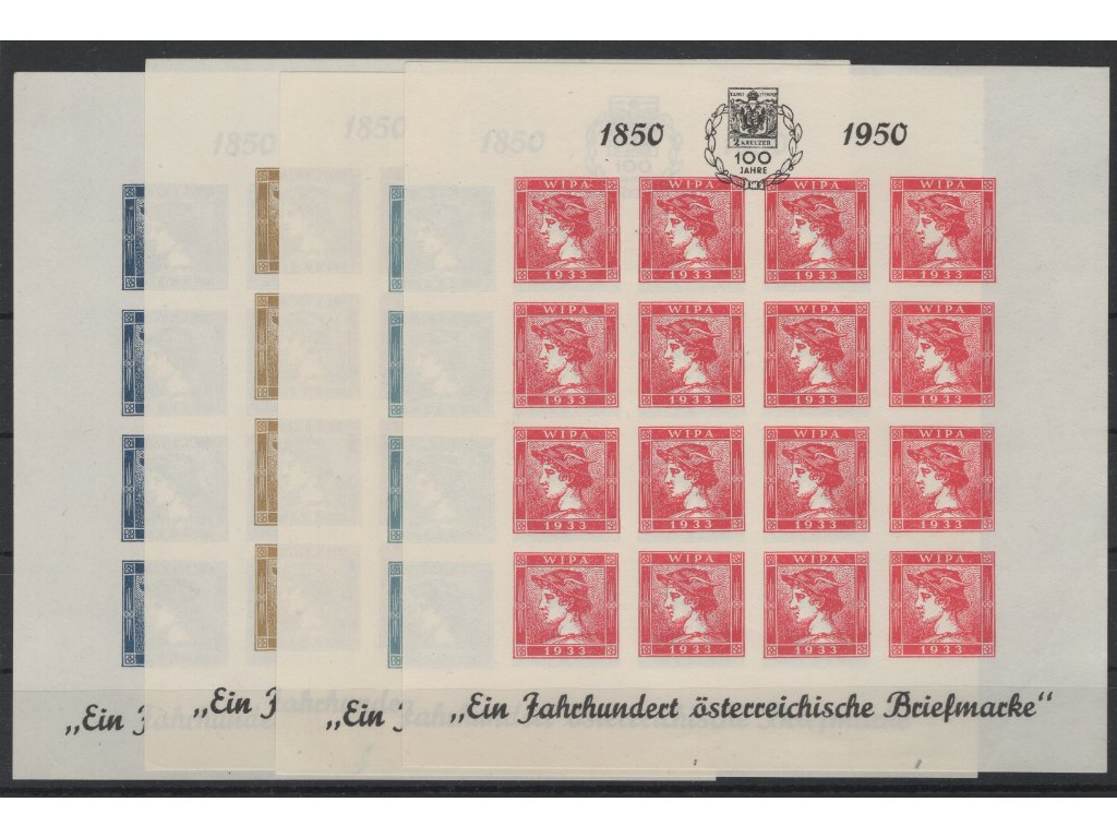 Rakousko 1950, (x) novotisk Merkur, čtyři aršíky, v katalogu ANK na s. 583, dv