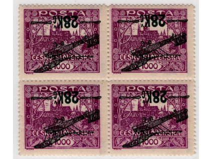 ČSR I Letecké 1920, Pof. L3 A Pp, xx/x 28 Kč čtyřblok, Řz!, převrácený přetisk