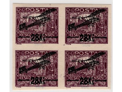 ČSR I Letecké 1920, zkusmý tisk, xx/x 28 Kč/25 h fialová, čtyřblok, 3x IIp, 2x podtyp spirály IIh, ZP 73-4, 83-4, v této skladbě typů zřejmě unikát!