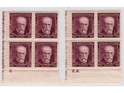 ČSR I 1930, Pof. 259a, xx 60 h TGM, čtyřbloky s DČ 2-2A, lep bez pruhů!
