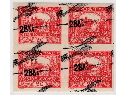ČSR I Letecké 1920, zkusmý tisk, xx/x 28 Kč/20 h karmínová, čtyřblok