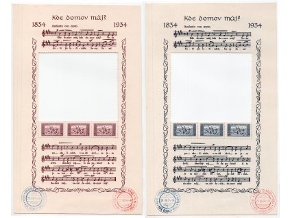 ČSR I 1934, Pof. A283-4, O/(x) A KDM?, neúplné aršíky s O na okraji + desky s O (1 Kč úzký, 2 Kč široký)
