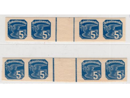 ČSR I Novinové 1937, Pof. NV M 15+15 v (4), xx 5+5 h 4známkové vodorovné meziarší, 2 kusy – úzká a široká mezera