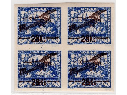 ČSR I Letecké 1920, zkusmý tisk, xx/x 28 Kč/200 h modrá, hnědý přetisk, čtyřblok