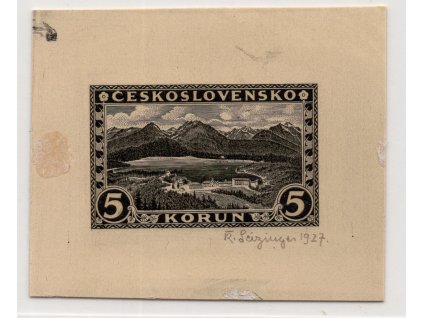 ČSR I 1926, Pof. ZT 228, (x) ZT, otisk původní rytiny 5 Kč Tatry, v LH rohu část další rytiny, podpis Sezinger, původně v paspartě
