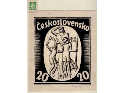 ČSR I 1936 (?), (x) 20 h Dětem, nepřijatý návrh J. Bendy, kresba tuší + knihtiskový otisk, vzadu poznámky tiskárny, zk Karásek