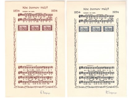 ČSR I 1934, Pof. A283-4, (x) A 1 a 2 Kč KDM? neúplné, s horní řadou známek, úzký a široký, oba podpis rytce K. Seizinger + desky