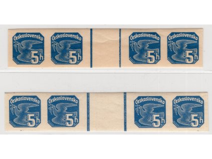 ČSR I Novinové 1937, Pof. NV M 15+15 v (4), xx 5+5 h 4známkové vodorovné meziarší, 2 kusy – úzká a široká mezera