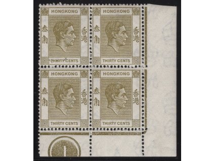 Čína - Hong Kong 1938, Mi. 152IIC (Řz 15:14), xx 30 c Jiří V. (rohový čtyřblok s DČ)