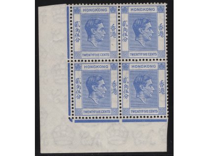 Čína - Hong Kong 1938, Mi. 148IA, xx 25 c Jiří V. (rohový čtyřblok)