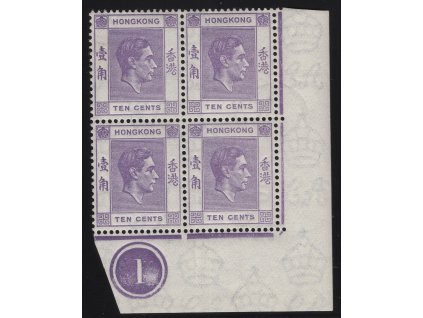 Čína - Hong Kong 1938, Mi. 144IIC, xx 10 c Jiří V. (rohový čtyřblok s DČ)