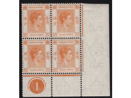 Čína - Hong Kong 1938, Mi. 141IIC, xx 4 c Jiří V. (rojový čtyřblok s DČ)