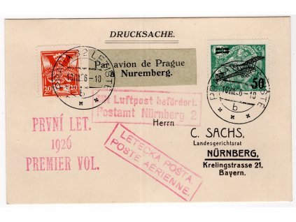 ČSR I Letecké 1926, ⌧︎ dopisnice, 1. let Praha-Norimberk, přepraveno jen 103 kusů!