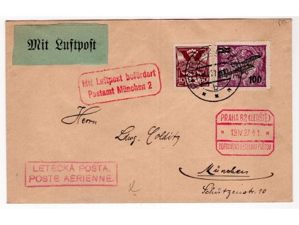 ČSR I Letecké 1927, ⌧︎ 1. let Praha-Mnichov (19.4.1927), DV "seříznuté 00", zřejmě unikát!